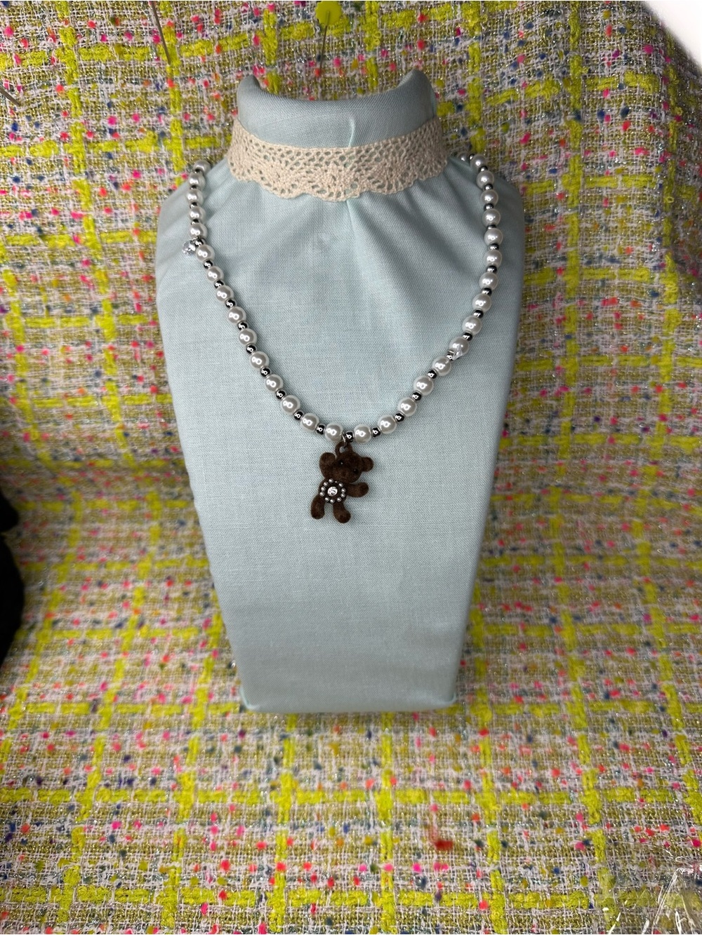 Silver Beaded Necklace with Brown Teddy Charm